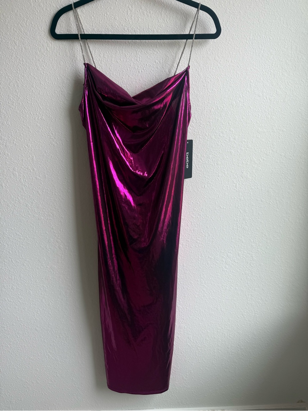 Bebe Metallic Fuchsia Cowl Rhinestone Strap Elegant Dress